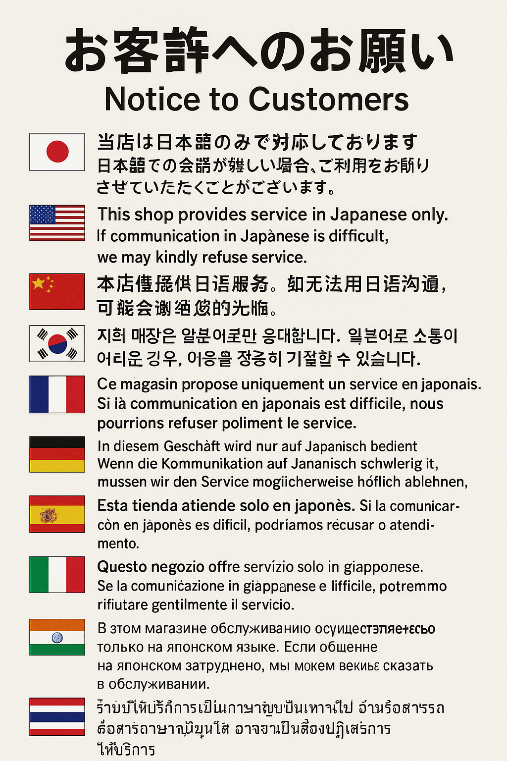 〔インバウンド客向けチラシ〕日本語での意思疎通が難しい場合、ご利用をお断りさせていただくことがございます