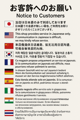 〔インバウンド客向けチラシ〕日本語での意思疎通が難しい場合、ご利用をお断りさせていただくことがございます
