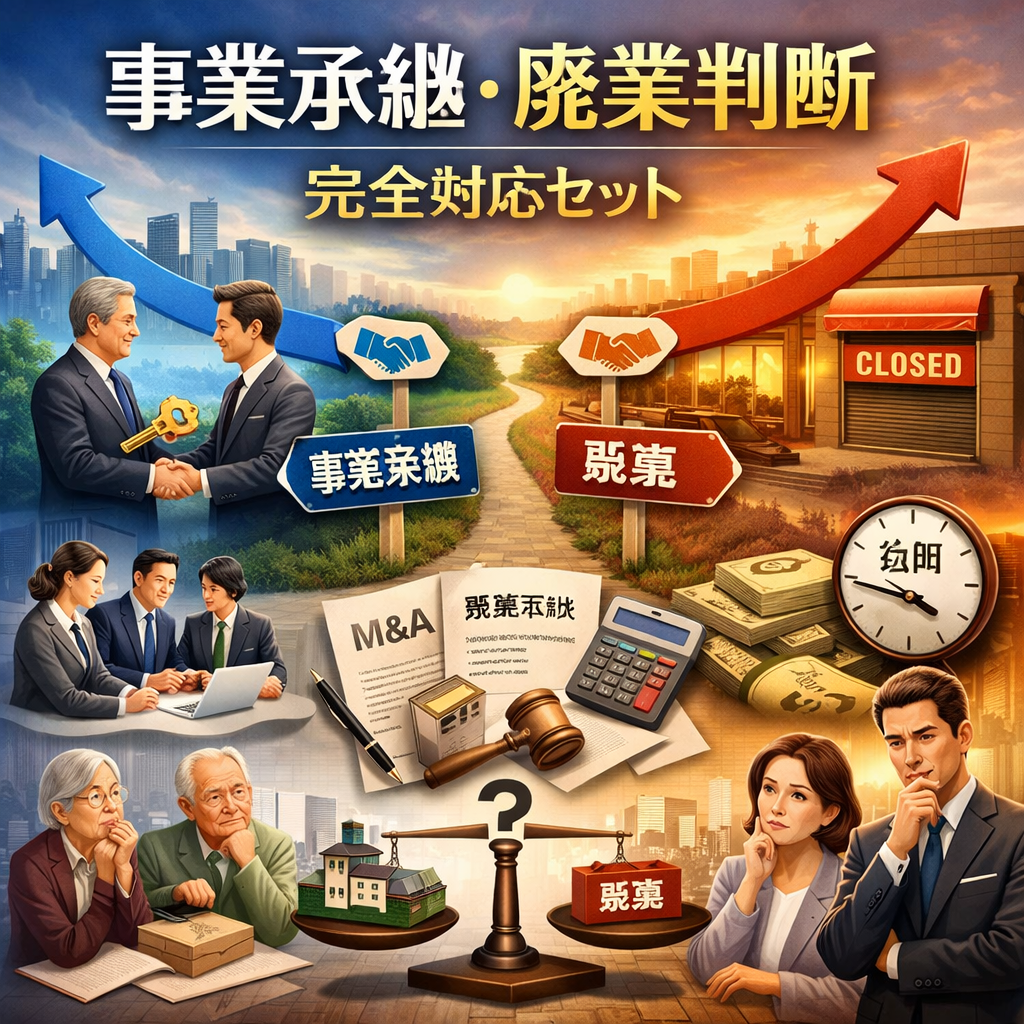 事業承継・廃業判断 完全対応セット｜承継可能性チェックリスト＋廃業タスク管理シート（ガントチャート付）＋取引先向け廃業通知書3種＋従業員向け廃業通知書3種（後継者不在の中小企業・個人事業主向け）