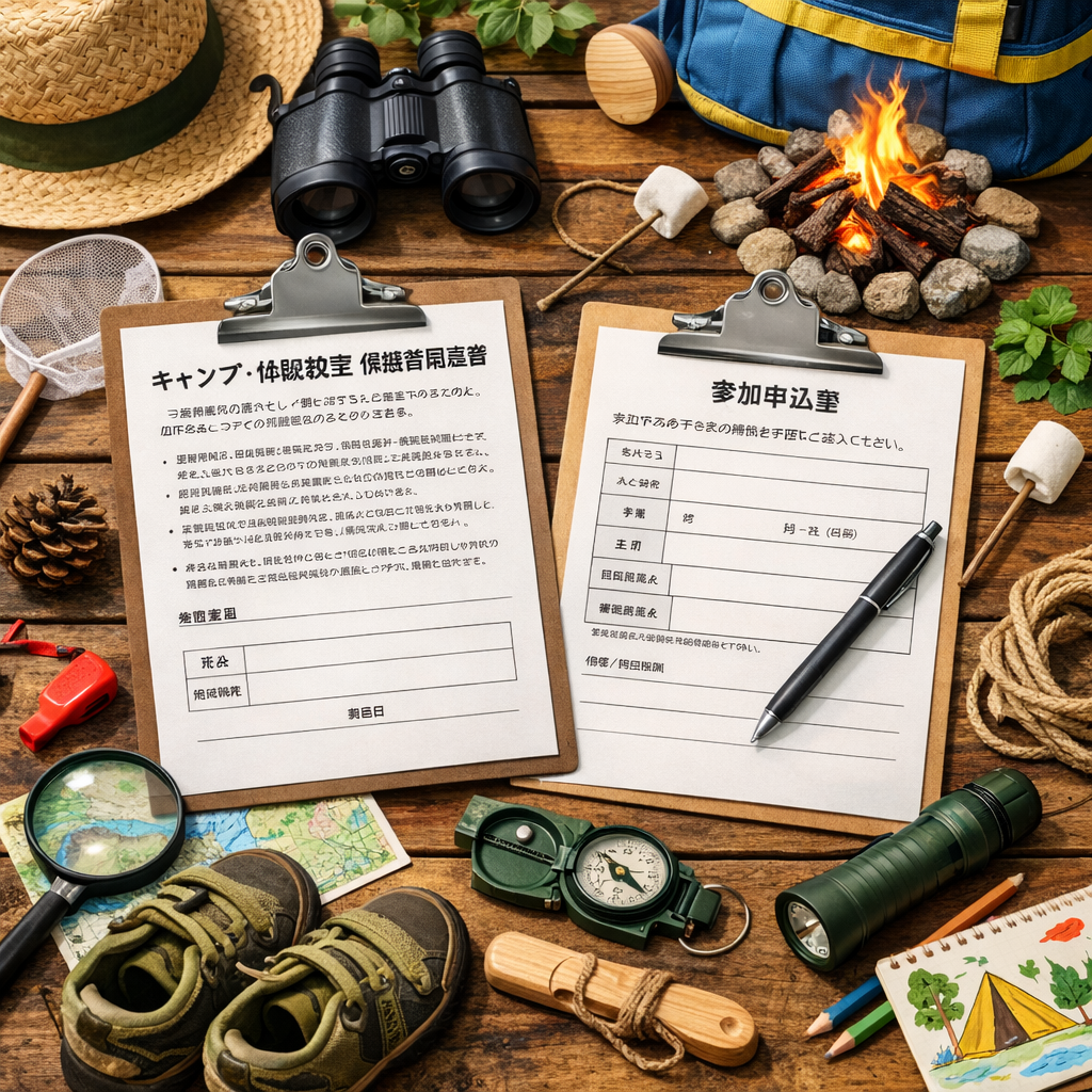 【幼児〜中学生対応】子ども向けキャンプ・体験教室　保護者同意書セット（参加申込書・緊急時医療同意書・写真掲載同意書・持ち物チェックリスト）Word版